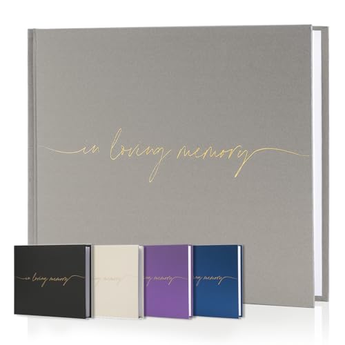 Image of Funeral Guest Book for Memorial Service, in Loving Memory 9x7.5 | 320 Entries, Table Sign Card Included, Gold Stamping, Twill-Textured Paper Cover, Celebration of Life Keepsake, Gray