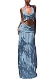 Famnbro Womens 2 Piece Skirt Sets Halter V Neck Y2k Top and Flowy Ruffle Maxi Skirts Summer Vacation Outfits