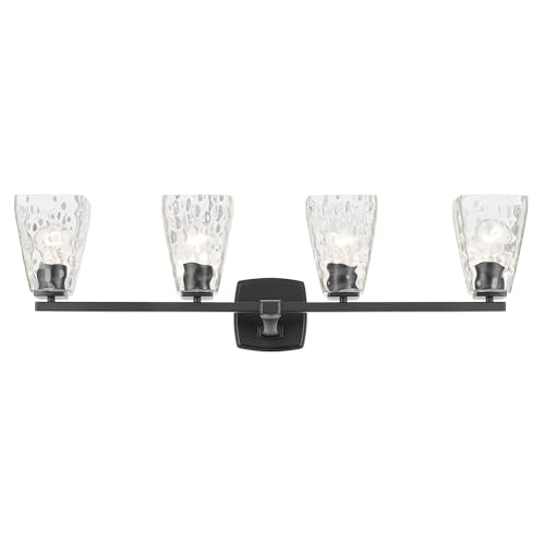 Image of Kichler Marant 4-Light Bathroom Vanity Light Fixture with Clear Water Glass in Black, Modern Wall Mount Over Mirror Lighting for Powder Room (33.25 inch x 9.5 inch x 6.75 inch), 55217BKWTR