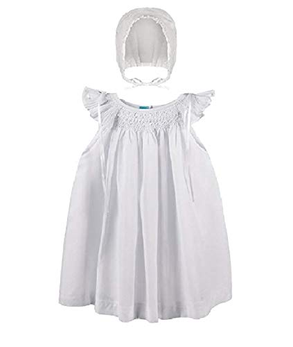 Christening Baptism Baby Girl Dress with Bonnet Hand Smocked (6 Months) White