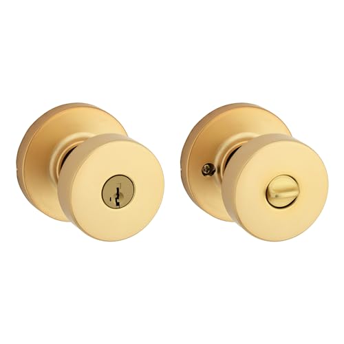 Image of Kwikset Pismo Entry Door Knob with Lock and Key, Secure Keyed Handle Exterior Doorknob, Front Entrance and Bedroom, Satin Brass, Round, Pick Resistant SmartKey Rekey Security (Pack of 12)