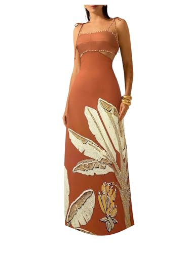Image of SOLY HUX Women's Summer Maxi Dress Boho Print Tie Shoulder Spaghetti Strap Cut Out Tie Back Cami Dresses Sundress