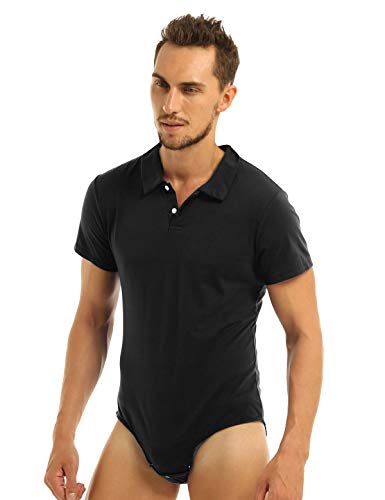 Men's Short Sleeve Turn-down Collar Button Crotch Shirt Bodysuit Snappies Rompers Jumpsuit4