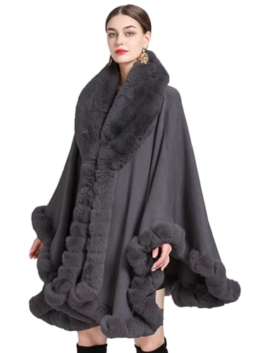 Image of Women Poncho Cape Faux Fur Collar Knitted Cardigan Sweater Batwing Long Sleeve Shawl Wrap Coat Oversized Cloak