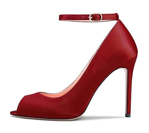 Aachcol Women Stiletto High Heel Pumps Ankle Strap Peep Open Toe Dress Shoes Party Wedding Satin 4 Inch2