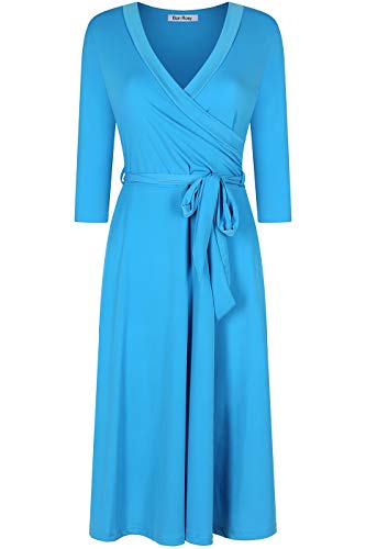 Image of Women's 3 /4 Sleeve Faux Wrap Midi Dress Knee Length Aqua S