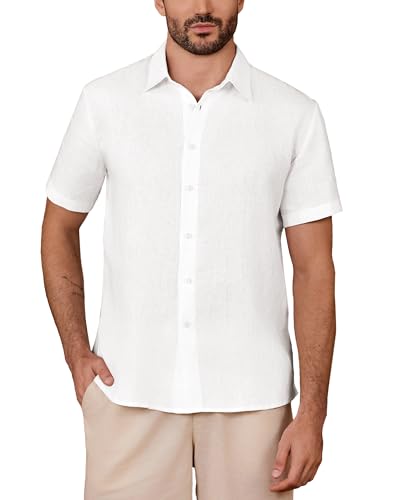 Kallspin Men's 100% Linen Button Down Shirts Casual Short Sleeve Tops Collared Summer Beach Shirts