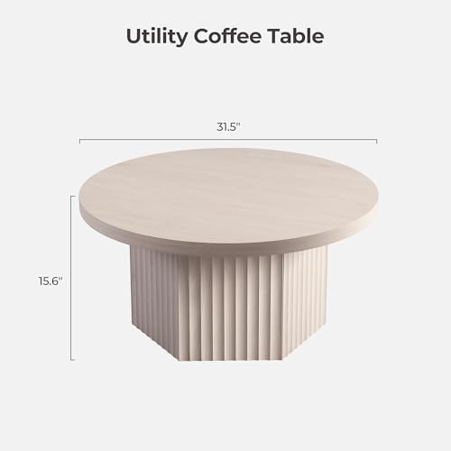 Image of SICOTAS Round Coffee Table for Living Room, 32 inch Circle Modern Fluted Center Coffee Table with Storage, Mid Century Accent Tea Dining Table for Small Space, Apartment, White Alder
