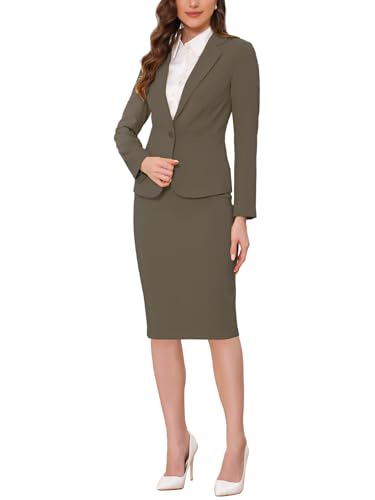 Allegra K Conjunto de falda de 2 piezas para mujer, casual, de negocios, chaqueta de manga larga y falda lápiz, café, S