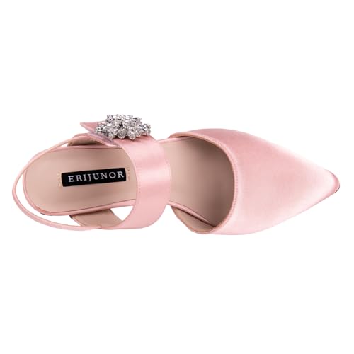 Image of ERIJUNOR Mid Heel Shoes for Women Pointed Toe Slingback Rhinestone Brooch Satin Dress Pumps Evening Prom Wedding Shoes