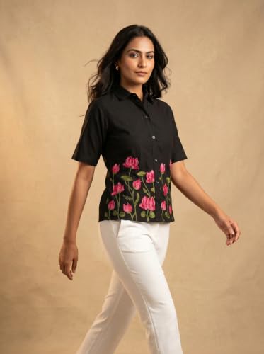 Image of Stylish Women's Embroidered Shirts | Geometric Pattern Half Sleeve Collared Button-Up Casual Shirt for Women