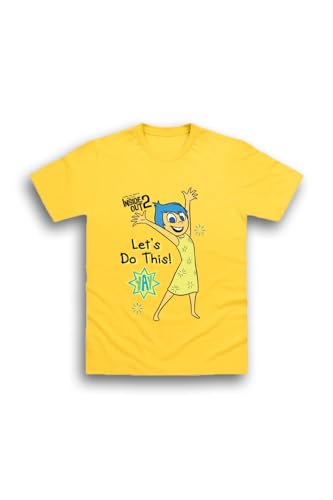 Disney Inside Out 2 Kids Yellow T Shirt | Girls Short Sleeve School Shirts | Lets Do This! Joy Character Design | 100% Cotton Kids & Teens Summer Clothes