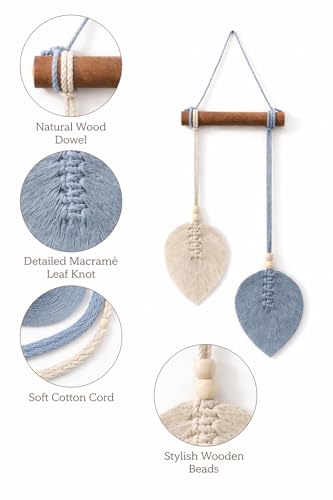 Image of AdFashionble Boho Macrame Wall Hanging Leaf Decor for Home, Living Room & Bedroom | Cotton Thread Art with Wooden Rod | Minimalist Handmade Wall Decoration | Aesthetic Nordic Wall Art for Home, Office & Gift Purpose Lenght- 58 cm Width- 15 cm (GREY & OFFWHITE)