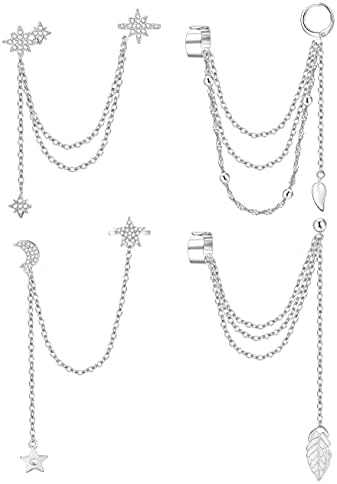 Kakonia Cuff Chain Earrings for Women Men Star Moon Leaf Drop Dangle Earrings Clip On Cuff Earrings Chain Earrings