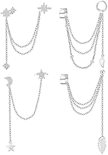 Kakonia Cuff Chain Earrings for Women Men Star Moon Leaf Drop Dangle Earrings Clip On Cuff Earrings Chain Earrings