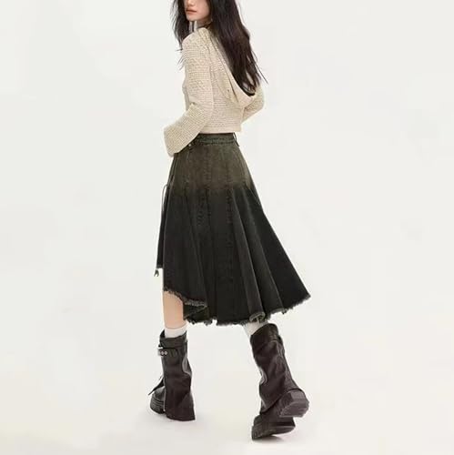 Vintage Distressed Denim Skirt for Women High Low Frayed Raw Hem Jean Midi Skirts4