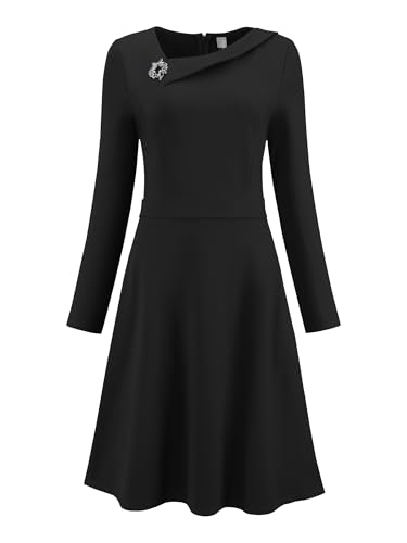 Women's A Line Work Dress Long Sleeve Asymmetrical Neckline Office Flare Dresses