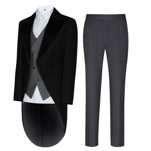 Men's 3 Piece Tuxedo Suit Slim Fit Swallow Long Tailcoat Performances Dinner Party Wedding Double Breasted Vest Pants2