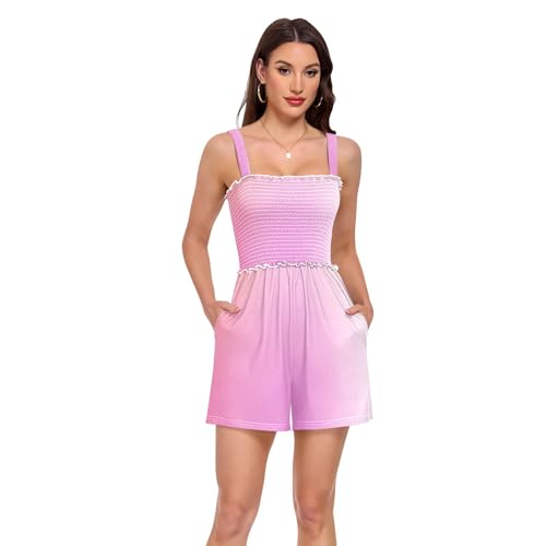Barboteuse rose clair pour femmes avec col carré et short décontracté d'été