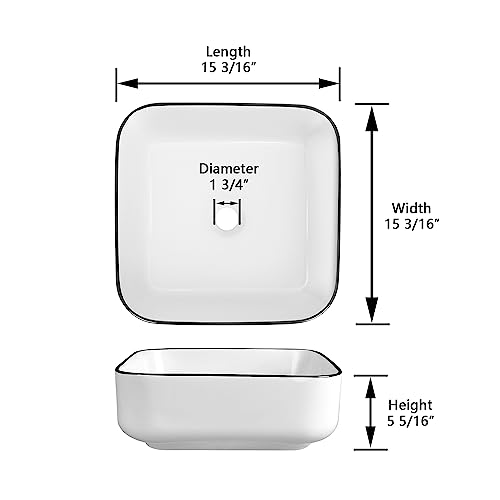Deervalley 15'' X 15'' Bathroom Sinks, Vessel Sink Square White Ceramic Bathroom Vessel Sinks, Bath Sink Above Counter Vanity Sink Basin Sink Bowl For Bathroom, White Body With Black Trim Dv-1V0033 #TOP3