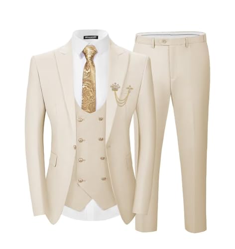 SPTALLFITJSV 3 Piece Suit Men Beige Mens Double Breasted Blazer Tuxedo Suits Set for Formal Wedding Business Prom Party, Size X-Large