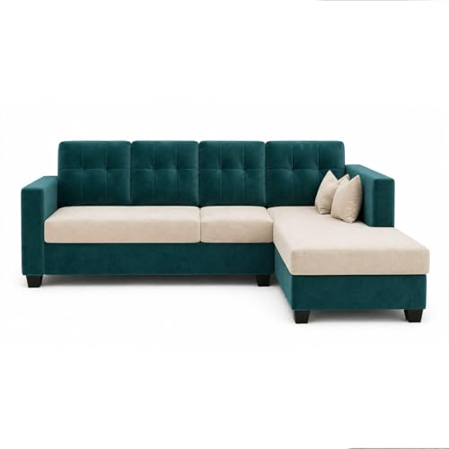 Image of FURNY Nathan 8 Seater L Shape Sofa Set RHS (Green Teal-Cream) | Suede Velvet Finish | Durable Comfort Sofa for Modern Living Room & Office Spaces