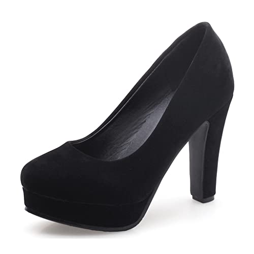 MIOKE Women's Round Toe Platform Chunky High Block Heel Pumps Suede Slip-On Casual Office Work Dress Shoes