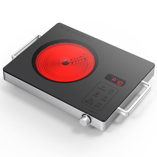 VEXMAECY Portable Ceramic Cooktop Infrared Hot Plate,Stainless Steel Countertop Burner With Double Rings Heating Dual Control 10 Power 3H Timer Electric Stove For Cooking 1800W(Gray)