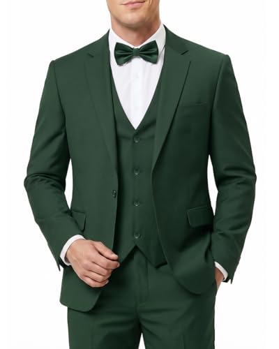 Men's 3-Piece Slim Fit Suit with Bow Tie, Single Button Blazer Vest Pants Set for Wedding Business, Formal Suit for Men Dark Green