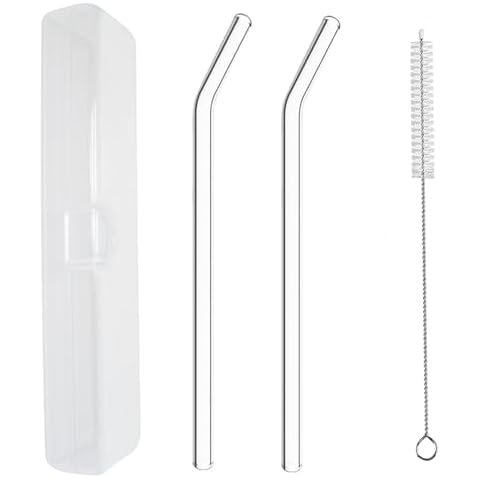 YOGURTCK 2pcs Reusable Clear Bent Glass Drinking Straws, 7.88" x 8MM, with Storage Box and 1 Cleaning Brushes, Perfect for Smoothies, Milkshake, Frozen Drinks, Tea, Juice, Coffee Cover