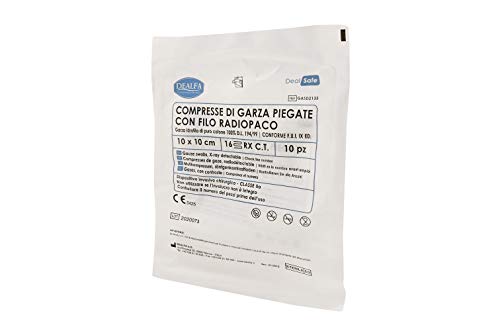 DEALFA Comprimidos de gasa plegados estériles con hilo radiopaco – 10 x 10 cm – 16 capas – 100% puro algodón – Desechables – Doble sobre individual de 10 unidades – Paquete de 25 sobres