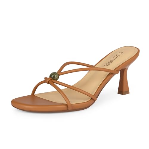 SLXCHBSL Womens Kitten Heels Sandals Round Open Toe Strappy Low Heels Slip On Heeled Sandals Comfortable Mules Shoes for Dress Party 2.7 Inch Brown Size 8