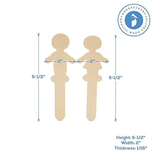 Wooden People-Shaped Popsicle Sticks, 5 Inches High with a 2-1/2 inch Base, Pack of 50 Girl-Shaped Craft Sticks, by Woodpeckers - Thumbnail 3