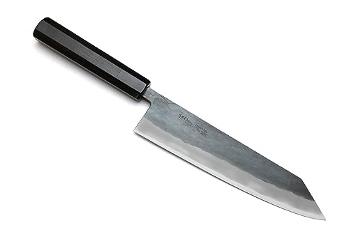 Yoshihiro Kurouchi Black-Forged High Carbon Blue Steel Stainless Clad Kiritsuke Japanese Multipurpose Knife Ebony Handle (8.25" (210mm) & No Saya)