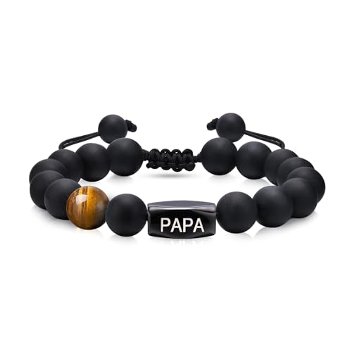 VNOX Vatertagsgeschenk für Papa Geschenk Herrenarmband - Naturstein Perlen Heilsteine Tigerauge Armband, Geburtstagsgeschenk für Papa Vatertag Daddy Armkette Schwarz Charm Armbänder