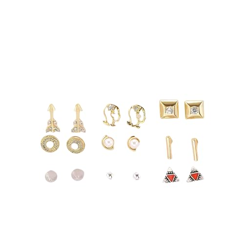 Image of Lishanti 9-Pair Gold Stud Earring Set for Women Assorted Dainty Designs with Arrows, Pearls, Crystals & Shapes - Lightweight Fashion Jewellery