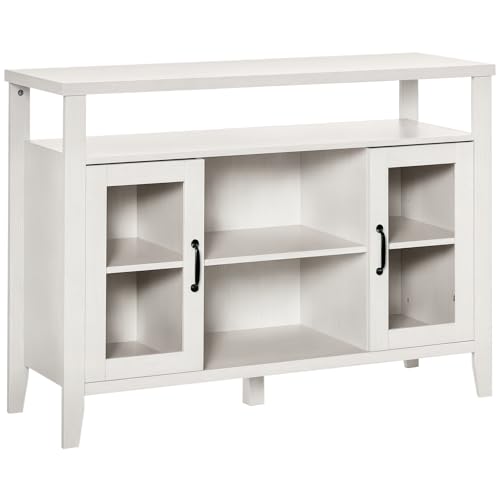 HOMCOM Aparador de Cocina Mueble Auxiliar de Comedor con 2 Armarios con Puerta de Vidrio Estante Ajustable Compartimentos Abiertos 116x39,5x86,5 cm Blanco