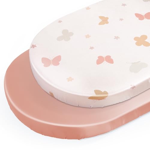 Image of Unicorn Castle Satin Bassinet Sheets Baby 2 Pack Soft for Baby Hair Skin Fitted Bedside Bassinet Sheets for Newborn for Oval Rectangle Hourglass Bassinet Mattress,Beige Butterfly- Blush Pink