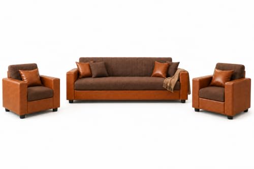 Image of 3+1+1 Sofa Set | 3 Seater Sofa with Two Single Seater Chairs | Premium Fabric & Leatherette Upholstery | Soft Foam Cushions | for Home & Office | Pre-Assembled (Brown and Tan)