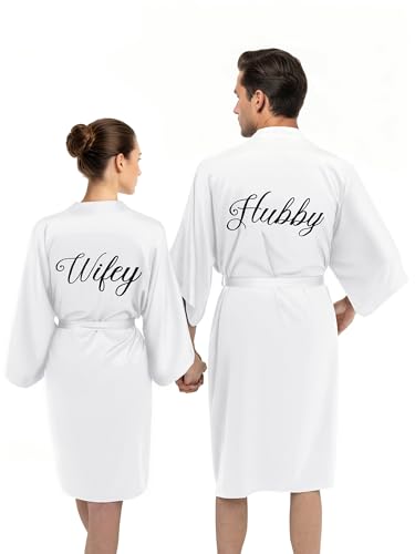 AW BRIDAL Husband and Wife Robes Set fo 2 for Married Couple Matching Silk Bathrobe for Women and Men His and Her Bath Robe for Bride and Groom Anniversary Wedding Gifts White