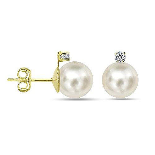 White Cultured Freshwater Pearl Diamond Stud Earrings 14K Yellow Gold Jewelry 1/50 CTTW 5-5.5mm