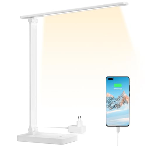 Lepro Lampada da Scrivania LED 15W 655LM,Porta USB Integrata,Bianco | Lampada da tavolo con adattatore,3 colori e luminosità regolabile,Luce da Lettura Protezione degli Occhi per Ufficio, Camera
