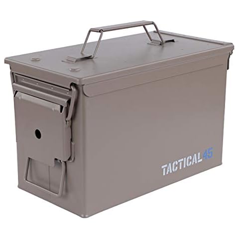 Tactical45 M2A2 50 Cal Ammo Can Earth Brown Steel Metal Storage Box with Front Latch and Handle Military Grade Ammo Case Cover