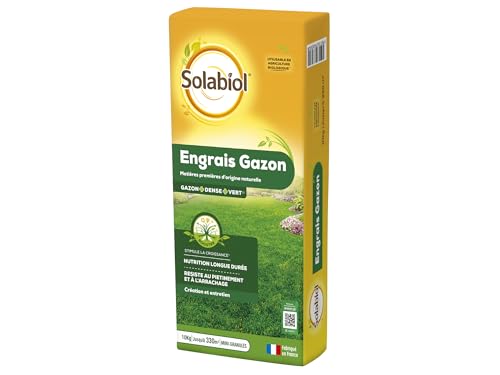 SOLABIOL Engrais Gazon Longue Durée - Sac 10 Kg - Jusqu'à 330m² - Utilisable En Création & En Entretien De Gazon - Résiste Au Piétinement - Gazon Plus Dense & Plus Vert SOGAZY10B