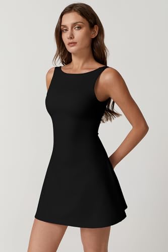 QINSEN Womens Open Back Tennis Dress Sleeveless Built in Shorts Golf Athletic Dress with Pockets3