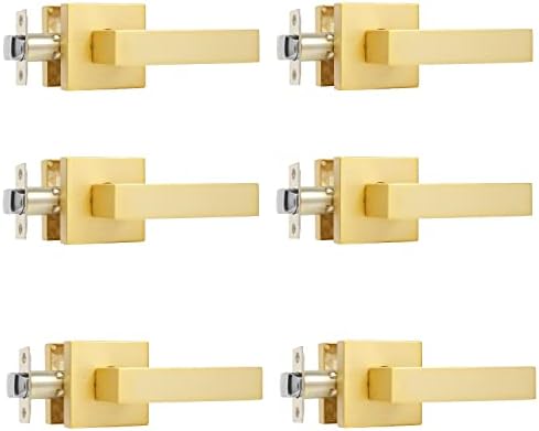 6 Pack Heavy Duty Stain Brass Passage Door Lever, Stain Brass Interior Door Knobs Flat Style Door Knob for Passage Hall and Closet Door Handle Lock, Left/Right Handing