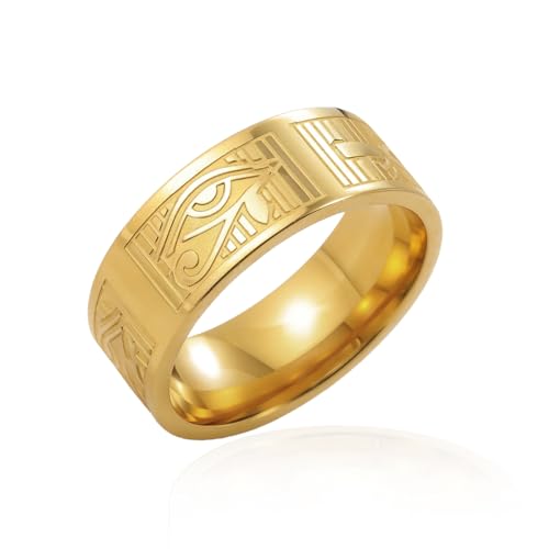 VASSAGO Anillo egipcio antiguo de acero inoxidable con cruz Ankh y ojo de Horus. Anillos con símbolos egipcios. Amuleto protector. Joyería para hombres y mujeres.