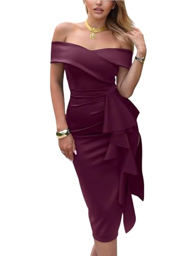 Off The Shoulder Formal Evening Midi Dress Built-in Bra Bodycon Ruched Side Slit Cocktail Wedding Guest Dresses