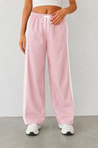 Image of SAKHWALA Women Track Pant | Women's Wide Leg Track Pants High Waist Drawstring Sweatpants with Side Stripes, Casual Loose Fit Lounge Joggers, Dark Grey