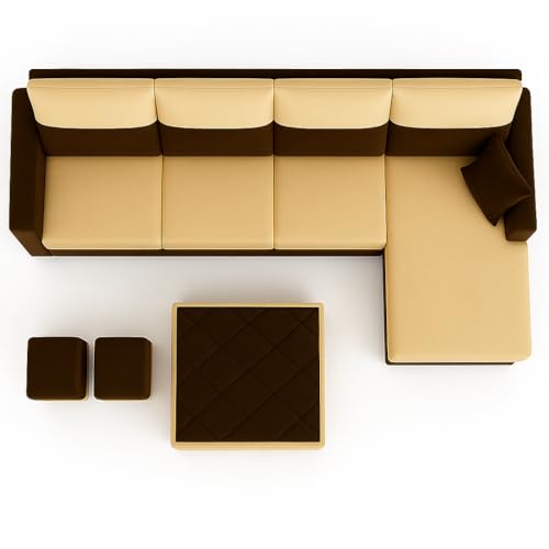 Image of FURNY Arissa 8 Seater Fabric RHS L Shape Sofa Set with 1 Centre Table & 2 Puffy (Cream-Dark Brown) Premium Velvet Finish | Durable Comfort | Ideal for Living Room